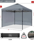 10x10 Pop Up Canopy Tent With Side Walls Waterproof Portable Shade For Camping Backyard And Events Includes Wheeled Carry Bag UV Protection And Easy Setup Instant Outdoor Shelter in gray, showing dimensions and carry bag