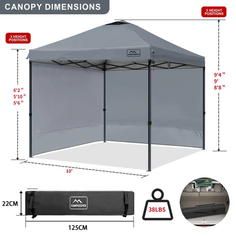 10x10 Pop Up Canopy Tent With Side Walls Waterproof Portable Shade For Camping Backyard And Events Includes Wheeled Carry Bag UV Protection And Easy Setup Instant Outdoor Shelter in gray, showing dimensions and carry bag