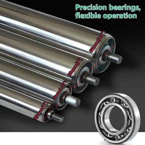 Straight Up Heavy Duty Gravity Conveyor Rollers Two Pack Galvanized Steel With Plug And Play Spring Bearings close-up view with precision bearings.