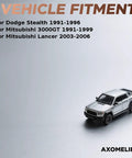 Text on image: Vehicle fitment for Dodge Stealth 1991-1996, Mitsubishi 3000GT 1991-1999, Mitsubishi Lancer 2003-2006; Toy truck model.
