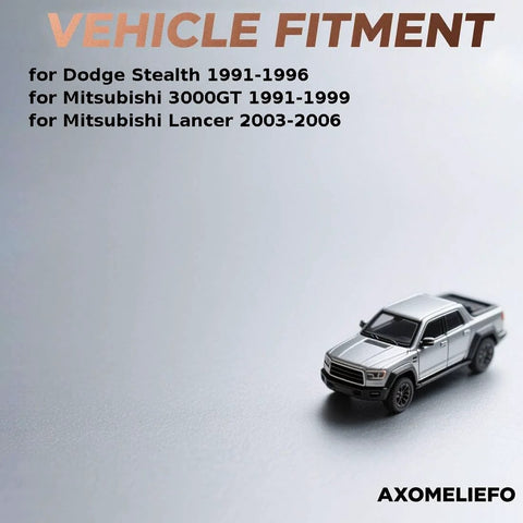 Text on image: Vehicle fitment for Dodge Stealth 1991-1996, Mitsubishi 3000GT 1991-1999, Mitsubishi Lancer 2003-2006; Toy truck model.