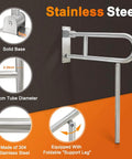 Fold Up 24 Inch Bathroom Grab Bars, Heavy Duty Stainless Steel Safety Rails with solid base, tube diameter details, foldable support leg