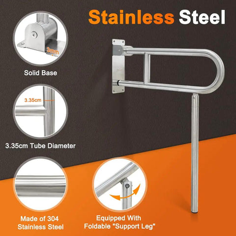 Fold Up 24 Inch Bathroom Grab Bars, Heavy Duty Stainless Steel Safety Rails with solid base, tube diameter details, foldable support leg