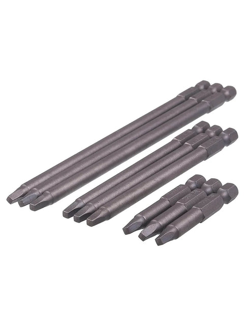 9 Pack One Quarter Inch Hex Shank Long Magnetic Square Head Screwdriver Bits Set for Pocket Hole Jigs SQ2 displayed in three sizes