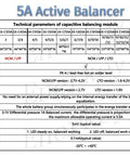 5A Active Battery Equalizer Balancer technical data sheet for various lithium battery packs specifications.