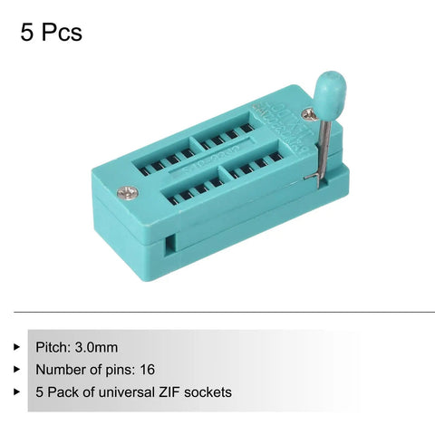 Universal 16 Pin ZIF IC Test Socket With 3.0mm Pitch for Microcontrollers, Chips And Breadboards, Ideal For Programming ICs, 5 Pack