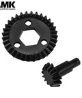 Metal Bevel Gear Set 13T And 23T For One Eighth Scale RC Crawlers Helical Differential Gears Steel Axle Ring Pinion Upgrade CNC Machined With Black Oxide Finish For Durable Smooth Performance In One Eighteenth Scale RC Cars, showing black oxide finish and gear teeth.