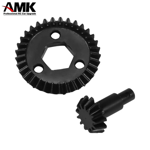 Metal Bevel Gear Set 13T And 23T For One Eighth Scale RC Crawlers Helical Differential Gears Steel Axle Ring Pinion Upgrade CNC Machined With Black Oxide Finish For Durable Smooth Performance In One Eighteenth Scale RC Cars, showing black oxide finish and gear teeth.