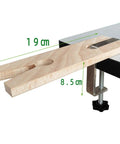 V Slot Bench Pin Clamp For Jewelry Making And Craft Projects showing dimensions 19 cm and 8.5 cm, wood top with metal clamp
