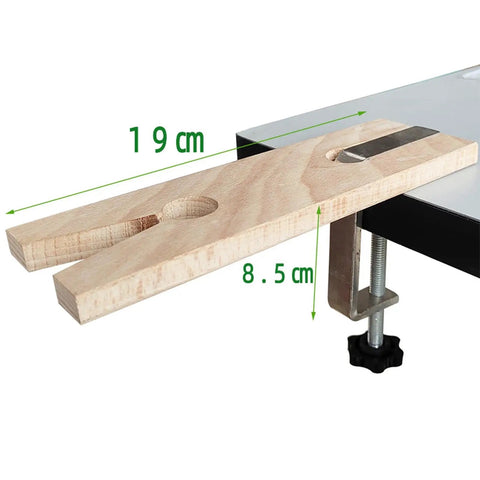V Slot Bench Pin Clamp For Jewelry Making And Craft Projects showing dimensions 19 cm and 8.5 cm, wood top with metal clamp