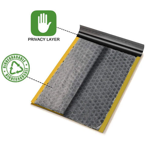 Biodegradable Bubble Mailers 10.5x16 Inches, 25 Count, Compostable Padded Envelopes Self Seal, 5 Kraft Mailers, Eco Friendly Shipping Wrap, Biobased PBAT And Corn Starch, OK Compost Certified showing privacy layer and biodegradable label.