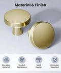 Close-up of Two Brushed Gold Zinc Cabinet Knobs, Three Pack 1 1/4 Inch Round Heavy Duty Pulls for Kitchen, Drawer, Closet Use.