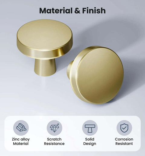 Close-up of Two Brushed Gold Zinc Cabinet Knobs, Three Pack 1 1/4 Inch Round Heavy Duty Pulls for Kitchen, Drawer, Closet Use.
