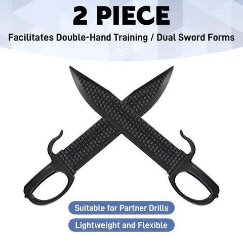 Two Pack Wing Chun Training Swords 18.3 Inch Polypropylene Black Practice Blades With U Shaped Hand Guards crossed