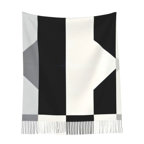 Black And White Piano Grid Long Scarf With Casual Fringe Edge Mega Comfy Winter Shawl Wrap draped showing texture and design.