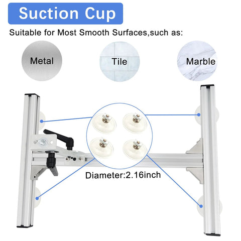 Front view of suction cup stand kit with aluminum alloy rails and four 2.16-inch cups.