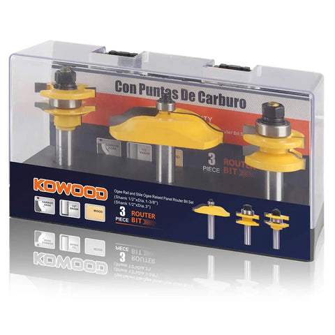 Ogee Three Bit Raised Panel Cabinet Door Router Bit Set With One Half Inch Shank Carbide Tipped For Clean Trim And Grooving