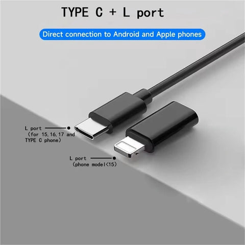 Straight Up Crisp 960P Industrial Endoscope Camera And Ten Meter Flexible Borescope With Dual Port Type C Plug close-up of Type C and L port connectors.