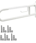 Top Shelf 22.5 Inch Toilet Grab Bar U Shaped Flip Up Safety Rail with Built In Toilet Paper Holder and mounting hardware.