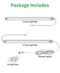 Two Pack 12 Inch Under Cabinet Lighting Kit Dimmable LED Lights Cool White 6000K Linkable USB Plug In, components shown