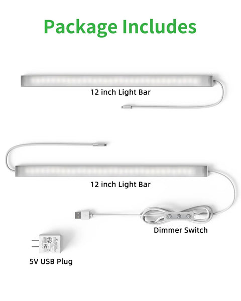 Two Pack 12 Inch Under Cabinet Lighting Kit Dimmable LED Lights Cool White 6000K Linkable USB Plug In, components shown