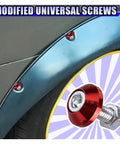 Dope 4 Pack M6 License Plate Screws For Cars Trucks And Motorcycles Built From Heavy Duty Aluminum Alloy Featuring Anti Theft Security Bolts In A Slick Red Finish To Keep Your Rig Tight And Sharp, shown installed near a tire.