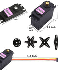 Two Pack 996R Servo Motors With Metal Gear High Torque Digital Servos for Smart Cars and DIY, dimensions and accessories visible