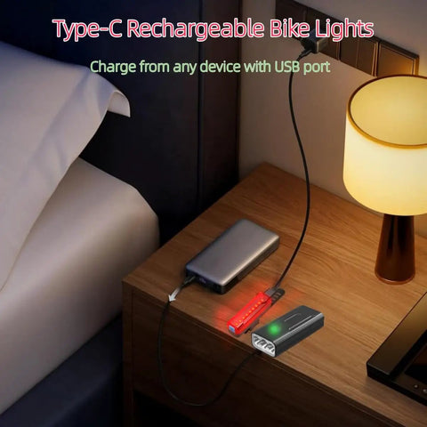 3000 Lumen Super Bright Bike Lights Front And Rear With 5200mAh Battery USB Rechargeable Night Riding Kit on table charging