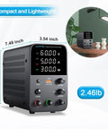 Variable Bench Power Supply With Switch And Alarm, 60V 5A, LED Display, USB Quick Charge, shown compact and lightweight.