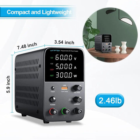 Variable Bench Power Supply With Switch And Alarm, 60V 5A, LED Display, USB Quick Charge, shown compact and lightweight.