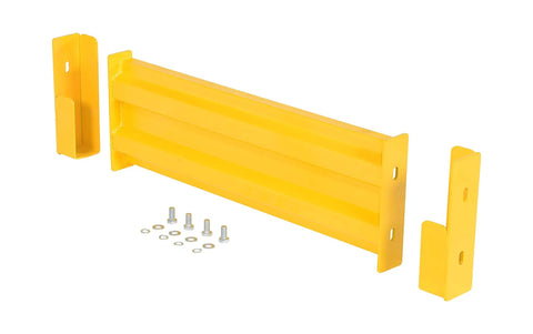 Two Ribbed Steel Drop In Guard Rail 30 Inch Yellow Powder Coat Heavy Hitter Warehouse Impact Buffer with pre drilled holes and mounting brackets.
