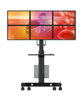 Smooth Ride Six Screen Monitor Rolling Cart With Adjustable Height Stand And Keyboard Tray For Clutter Free Desk Space, featuring six monitors and keyboard tray.