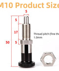 Top Shelf Stainless Steel Plunger Pin Set Double Pack For Tool Chest Organization With Quick Release Pull Ring Spring Loaded Self Locking Knob M10 Threads diagram showing dimensions and thread pitch.