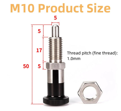 Top Shelf Stainless Steel Plunger Pin Set Double Pack For Tool Chest Organization With Quick Release Pull Ring Spring Loaded Self Locking Knob M10 Threads diagram showing dimensions and thread pitch.