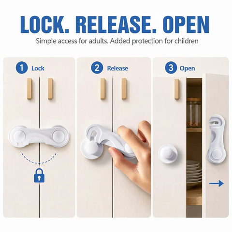 One Hand Release Kid Proof Cabinet Locks No Drill Adhesive For Cabinets And Drawers Keeps Curious Kids Out Of Kitchen Bathroom And Storage Areas Easy Install 12 Pack
