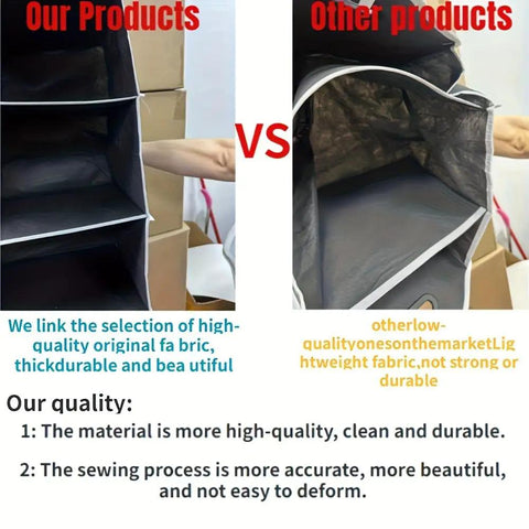 Comparison of car trunk folding storage organizer vs other products showing material quality and stitching differences.