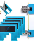 Blue Hinge Jig Kit For Quick Door Install And Precise Hinge Cutting Magnetic Back Guide, shown in a 4-piece set with caliper.