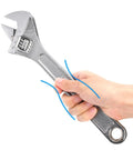 Hand holding a Four Piece Adjustable Crescent Wrench Set With 6 8 10 12 Inch Wrenches Made From CRV Steel, Heat Treated And Chrome Plated
