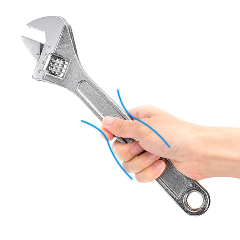 Hand holding a Four Piece Adjustable Crescent Wrench Set With 6 8 10 12 Inch Wrenches Made From CRV Steel, Heat Treated And Chrome Plated