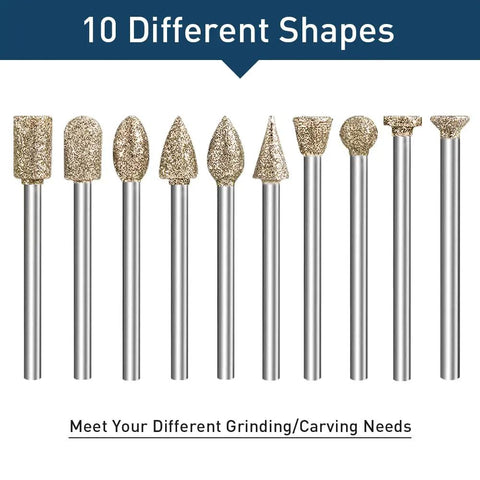 Rotary Tool Diamond Burr Bit Set, 20Pcs Diamond Coated Grinding Bits With 1/8 Inch Shank, shown in 10 different shapes for carving