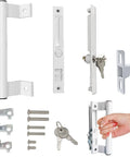 White Sliding Glass Door Handle Set With Sturdy Latch And No Hassle Install For All Standard Patio Doors parts and key on a white background.