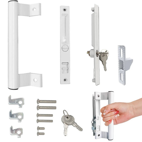 White Sliding Glass Door Handle Set With Sturdy Latch And No Hassle Install For All Standard Patio Doors parts and key on a white background.