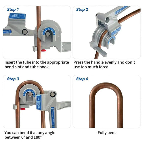 Sugoee 3 In 1 Tube Bender For Copper Brass Aluminum Pipes steps demonstrating tube insertion and bending process.