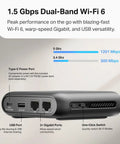 Portable Wi-Fi 6 Travel Router With AX1500 Dual Band For Hotel Or RV Use Easy Public WiFi Sharing And Phone Tether USB-C Powered