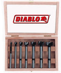 Wooden case with High Speed Steel Forstner Bit Drill Set For Precise Clean Holes In Any Wood Type Ideal For Pro Woodworking Projects One Quarter Inch To One Inch Diameter Bits With One Quarter To Three Eighths Inch Shank Three And A Half Inch Length Seven Piece Set.