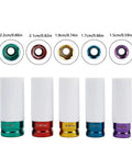 Easy-Grip Thin Wall Wheel Nut Socket Set - 5-Piece Kit With 15, 17, 19, 21, 22mm Sockets shown with color-coded designs