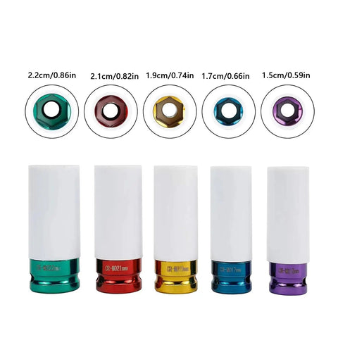 Easy-Grip Thin Wall Wheel Nut Socket Set - 5-Piece Kit With 15, 17, 19, 21, 22mm Sockets shown with color-coded designs