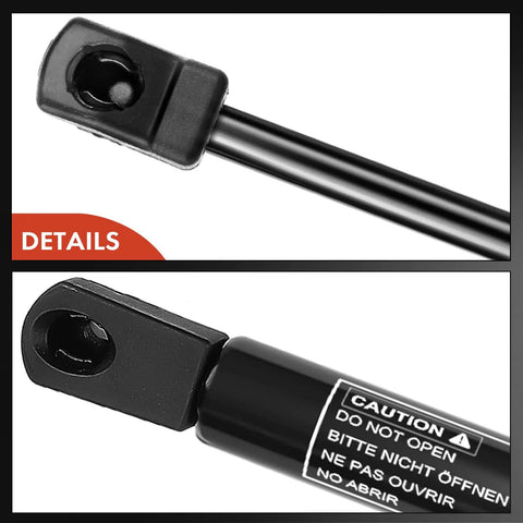 Close-up of mounting ends and caution label on Front Hood Lift Supports For Ford F-150 1995-2004 F-250 1995-2004 Expedition 1997-2006 And Heritage 2004 2-Piece Set Left And Right Not For Super Duty Easy Install Shock Struts.