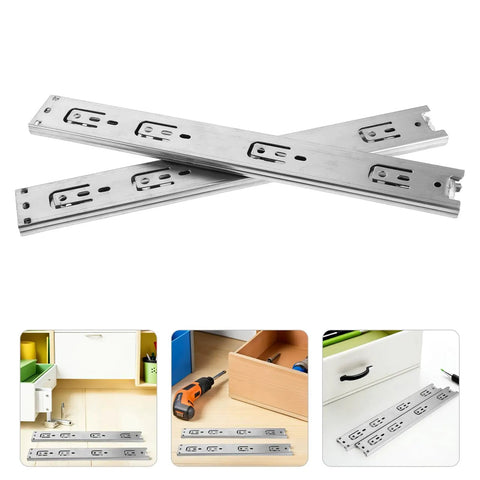 Two Pack 14 Inch Stainless Steel Drawer Slides Full Extension With Ball Bearing For Kitchen Cabinets Home And Office Desk Drawers Replacement Rails Durable Hardware For Long Lasting Performance With Smooth Silent Glide Beefy Build shown with assembly setup