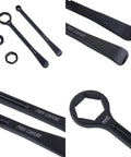 Heavy Duty All In One Motorcycle Tire Change Kit With 10 mm 13 mm 22 mm 27 mm And 32 mm Hex Wrench Heads, Tire Iron Levers, Spoon Tool, And Wrench Set For Pit Bikes Dirt Bikes Motocross And European Motorcycles with close-up of hex wrenches and tire iron levers.